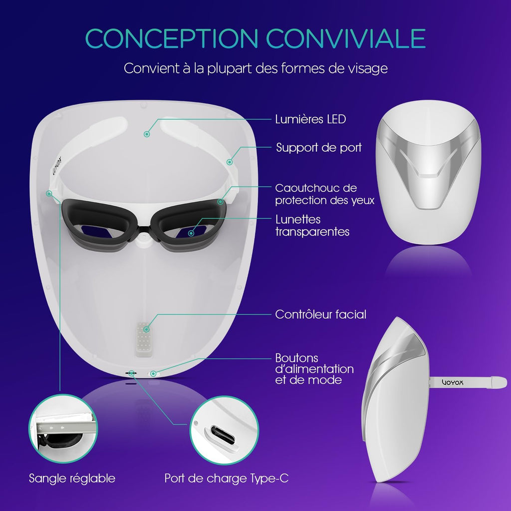 Masque LED Visage Masque Luminothérapie Visage Traitement Professionnel De L'Acné/Lisser Les Rides/Photorajeunissement Soins De La Peau Sans Fil Rechargeable 3 Couleurs Rouge/Bleu/Violet BM100