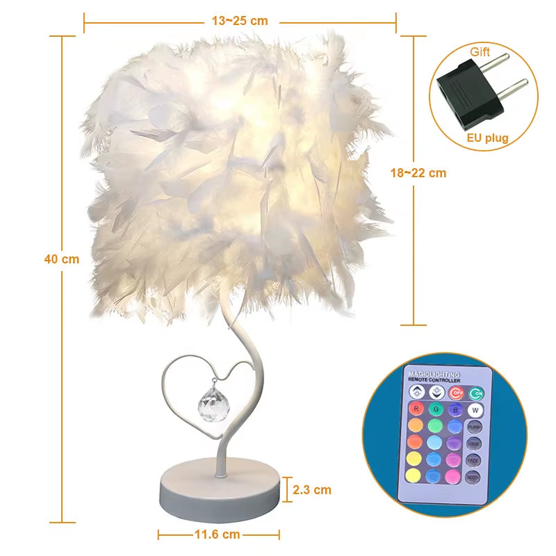 Bedside Reading Room Sitting Room Heart Shape Feather Crystal Table Lamp for Bedroom Light Art Deco Home Planetarium