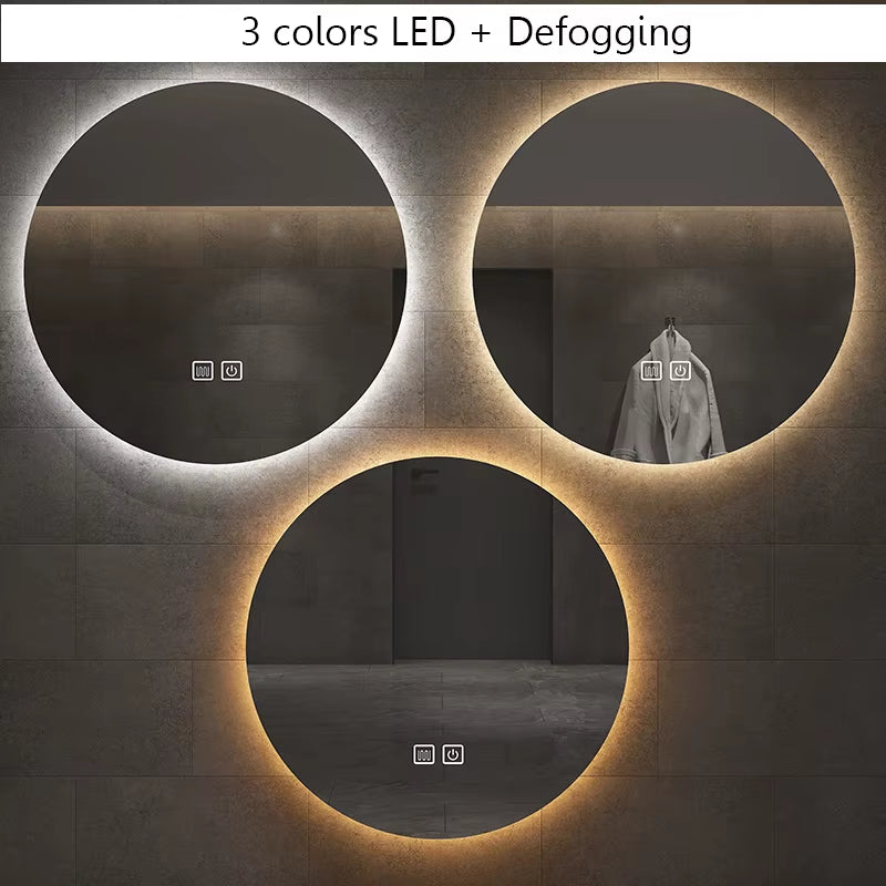 40/50/60CM round Smart LED Bathroom Mirror 3 Color Adjustable Backlight with Defogging Decorative Mirrorg for Hotel Bedroom