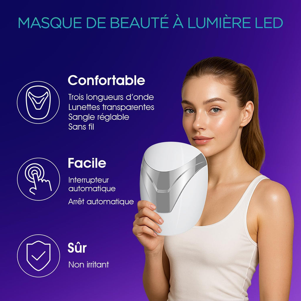 Masque LED Visage Masque Luminothérapie Visage Traitement Professionnel De L'Acné/Lisser Les Rides/Photorajeunissement Soins De La Peau Sans Fil Rechargeable 3 Couleurs Rouge/Bleu/Violet BM100
