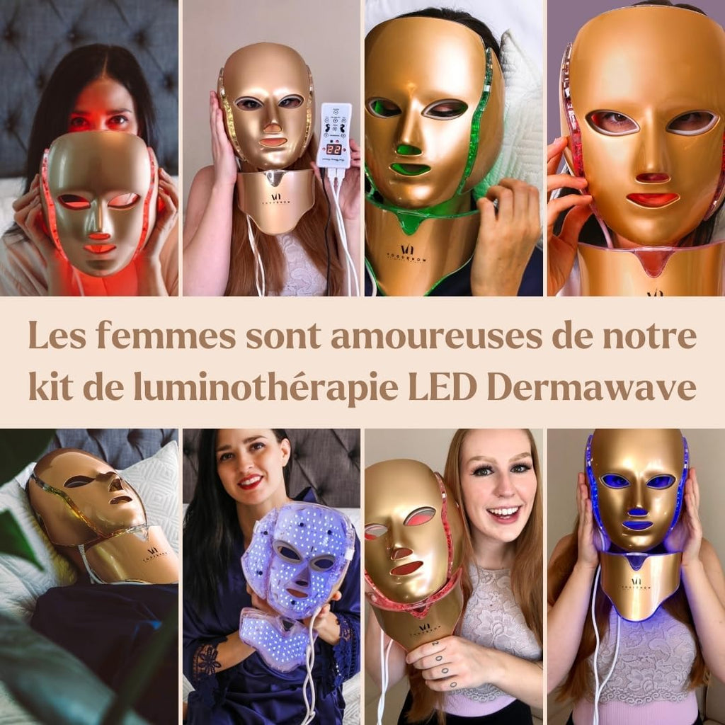 Dermawave Masque Led Visage Luminothérapie - 7 Couleurs (Rouge Et Bleu) Masque Pour Le Visage - Pack De 10 Sérums Et Livre Électronique - Appareil De Soin De La Peau Du Visage Pour Rajeunissement