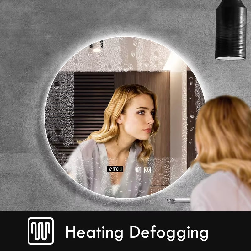 40/50/60CM round Smart LED Bathroom Mirror 3 Color Adjustable Backlight with Defogging Decorative Mirrorg for Hotel Bedroom