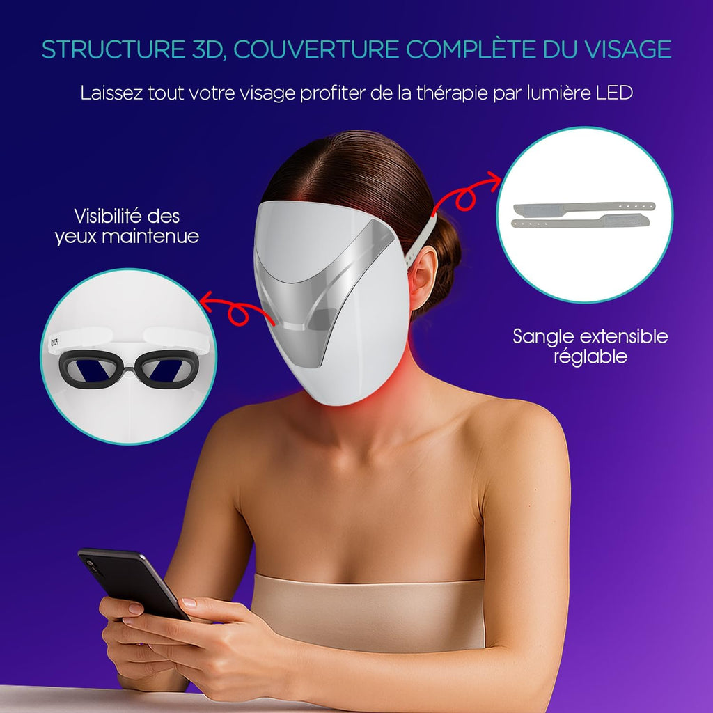 Masque LED Visage Masque Luminothérapie Visage Traitement Professionnel De L'Acné/Lisser Les Rides/Photorajeunissement Soins De La Peau Sans Fil Rechargeable 3 Couleurs Rouge/Bleu/Violet BM100