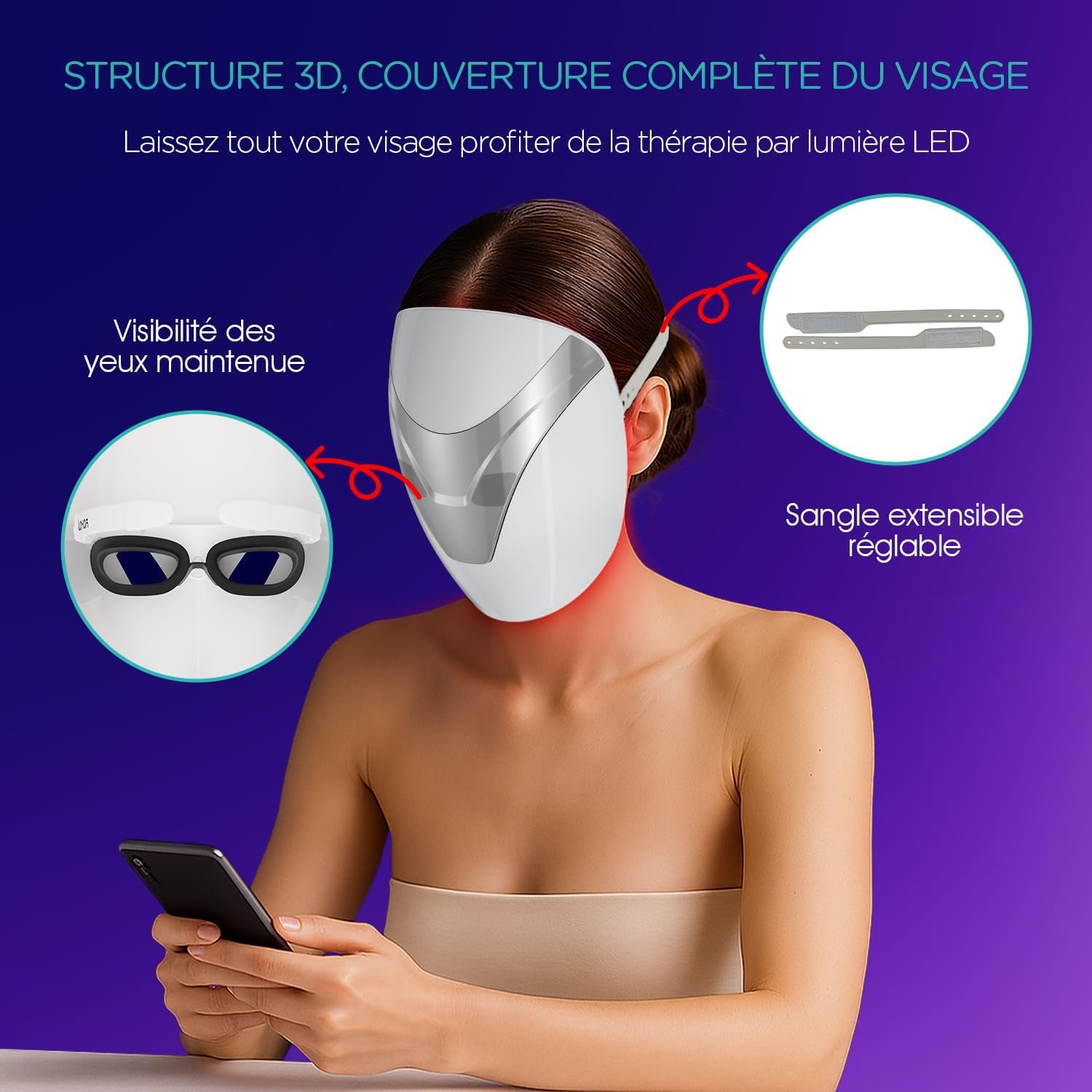 Masque LED Visage Masque Luminothérapie Visage Traitement Professionnel De L'Acné/Lisser Les Rides/Photorajeunissement Soins De La Peau Sans Fil Rechargeable 3 Couleurs Rouge/Bleu/Violet BM100