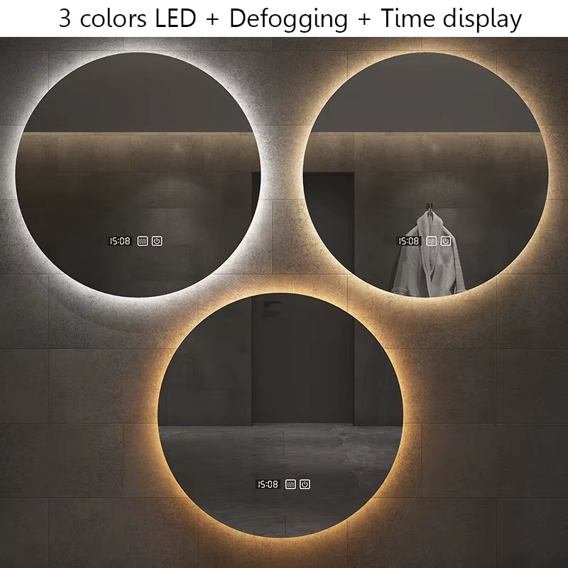 40/50/60CM round Smart LED Bathroom Mirror 3 Color Adjustable Backlight with Defogging Decorative Mirrorg for Hotel Bedroom