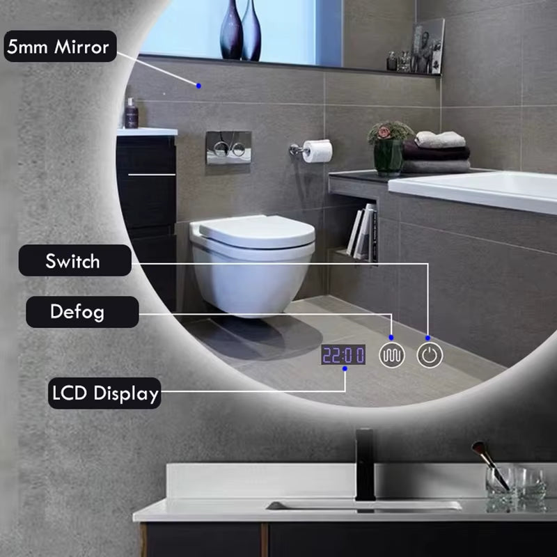 40/50/60CM round Smart LED Bathroom Mirror 3 Color Adjustable Backlight with Defogging Decorative Mirrorg for Hotel Bedroom